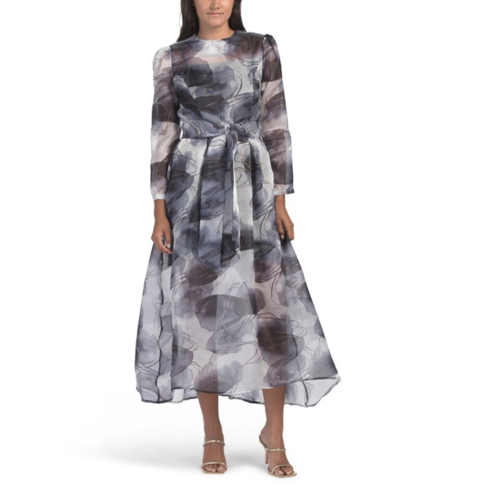 Gray and Black Long Sleeve Bishop Gown for Wedding Guest